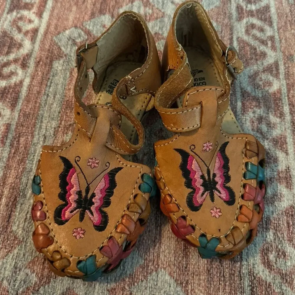 Girls Huaraches Leather Sandals Butterfly Embroidered NEW size 11 Made in Mexico